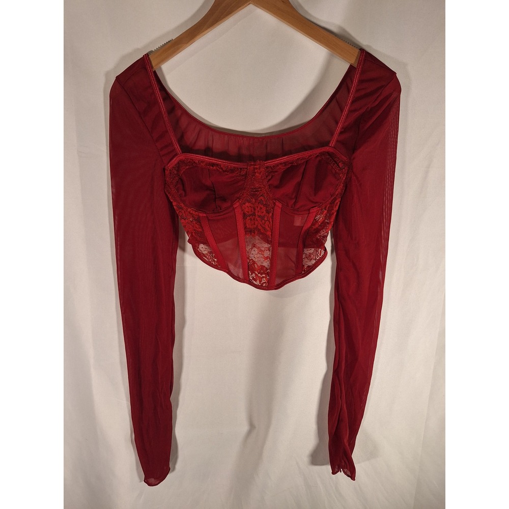 Red Sheer Mesh Lace Corset Crop Top Long Sleeve Square Neck Underwire Small